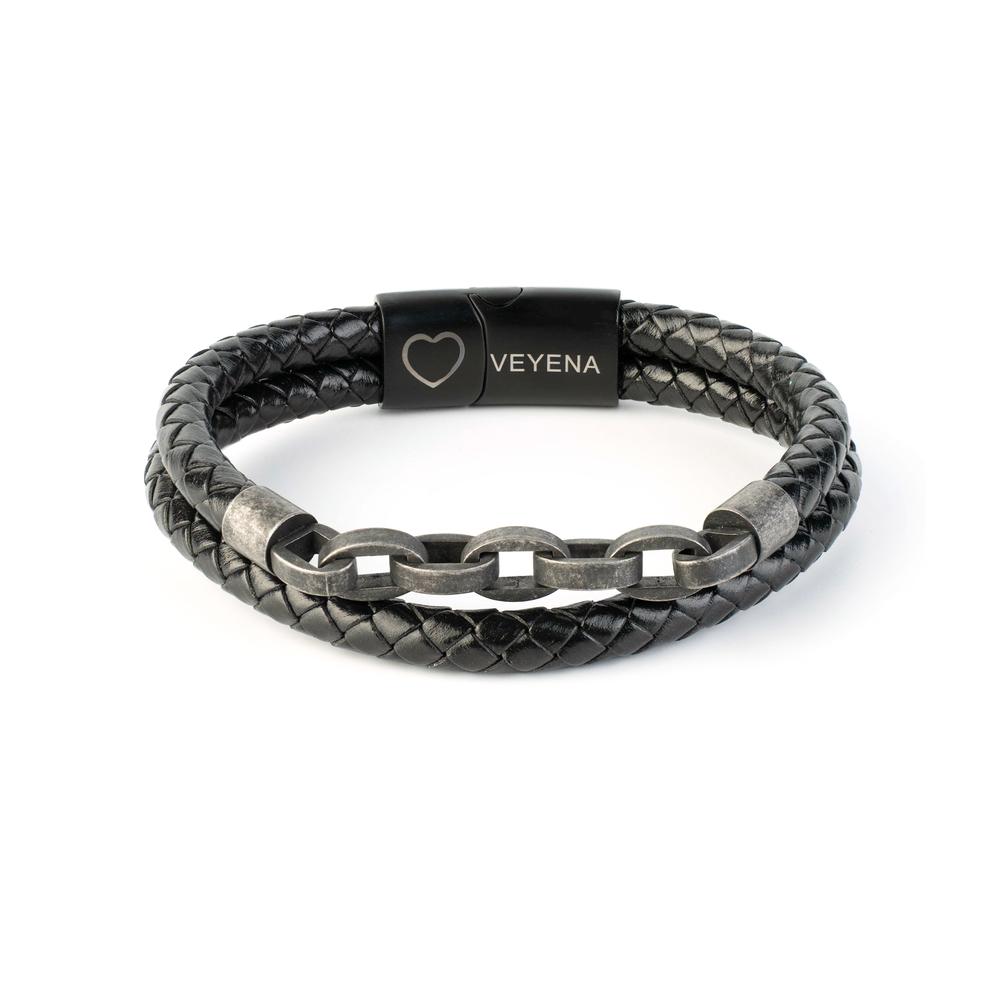 VEYENA Modern Leather and Chain Bracelet for Men