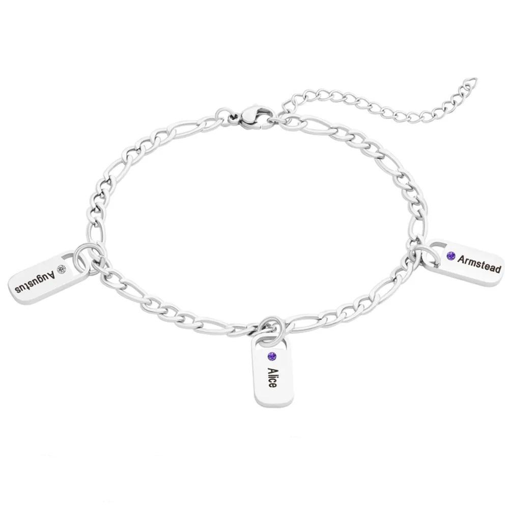 VEYENA Personalized Birthstone Tag Chain Bracelet - Silver, 18+5cm, 3 Names