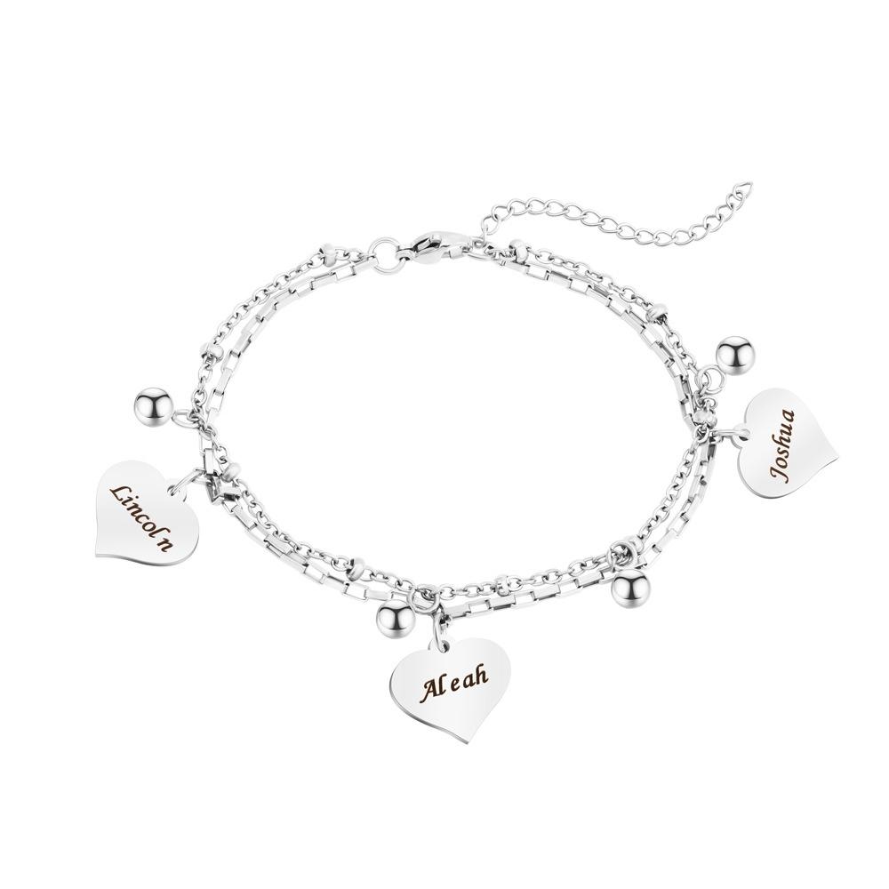 VEYENA Personalized Double Layer Heart Charm Bracelet - Silver, 15+5cm