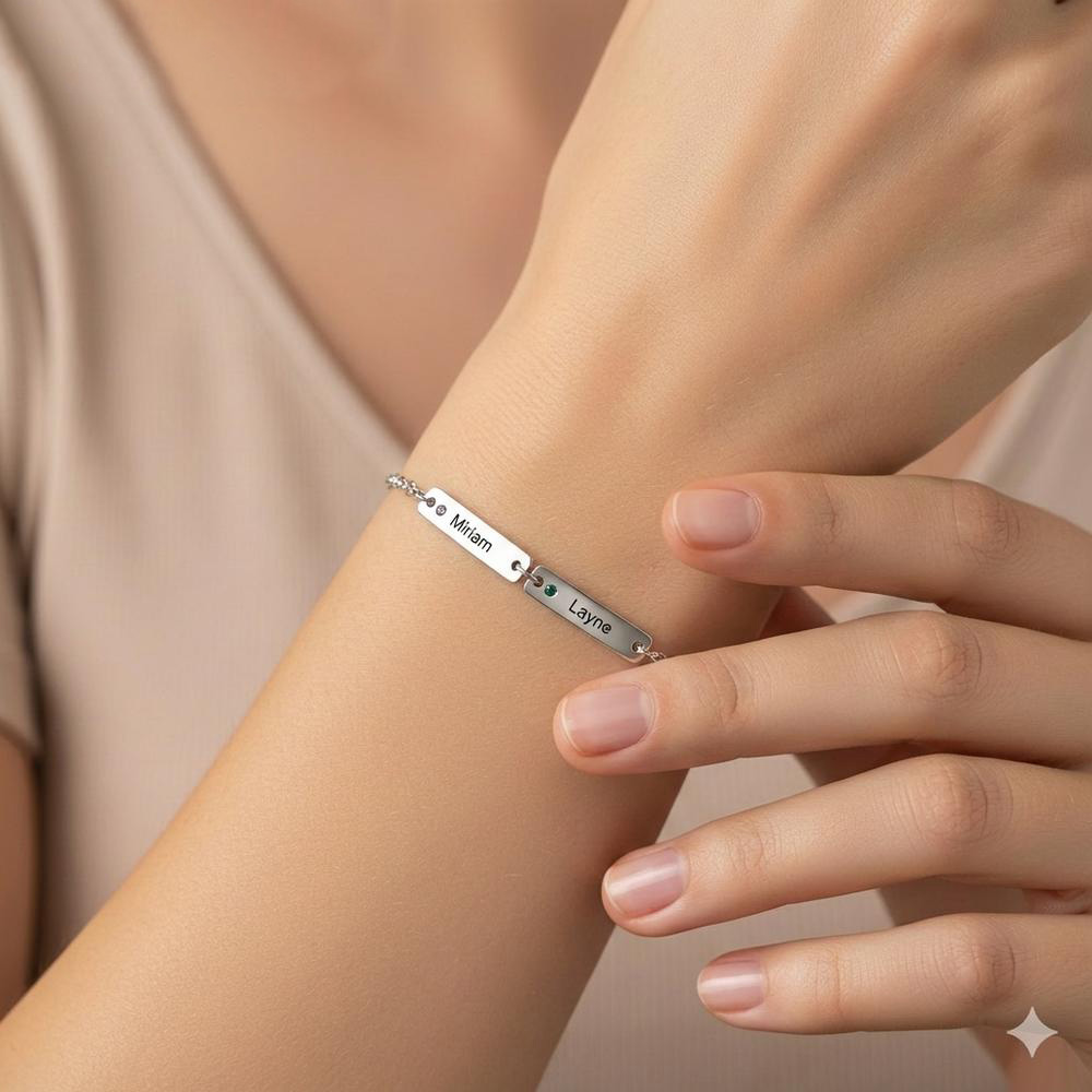 VEYENA Personalized Multi-Name Birthstone Bar Link Bracelet - Image 6