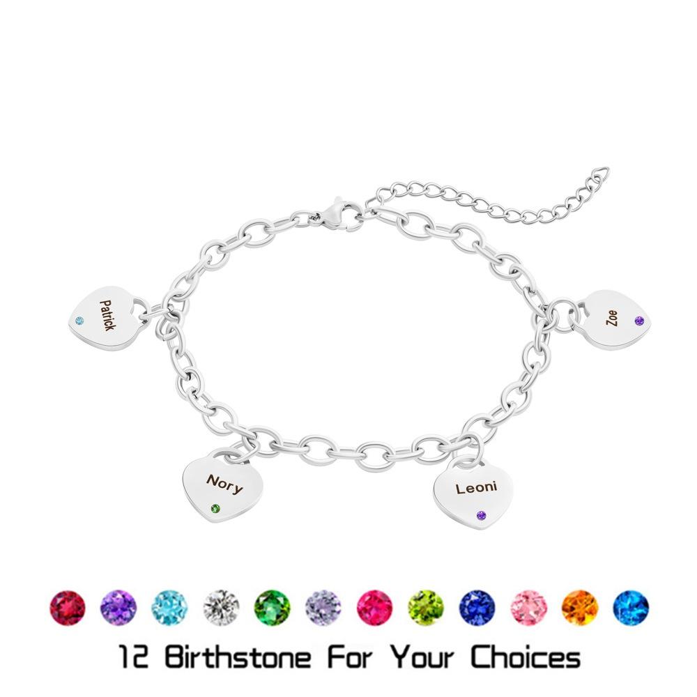 VEYENA Personalized Birthstone Heart Link Bracelet - Silver
