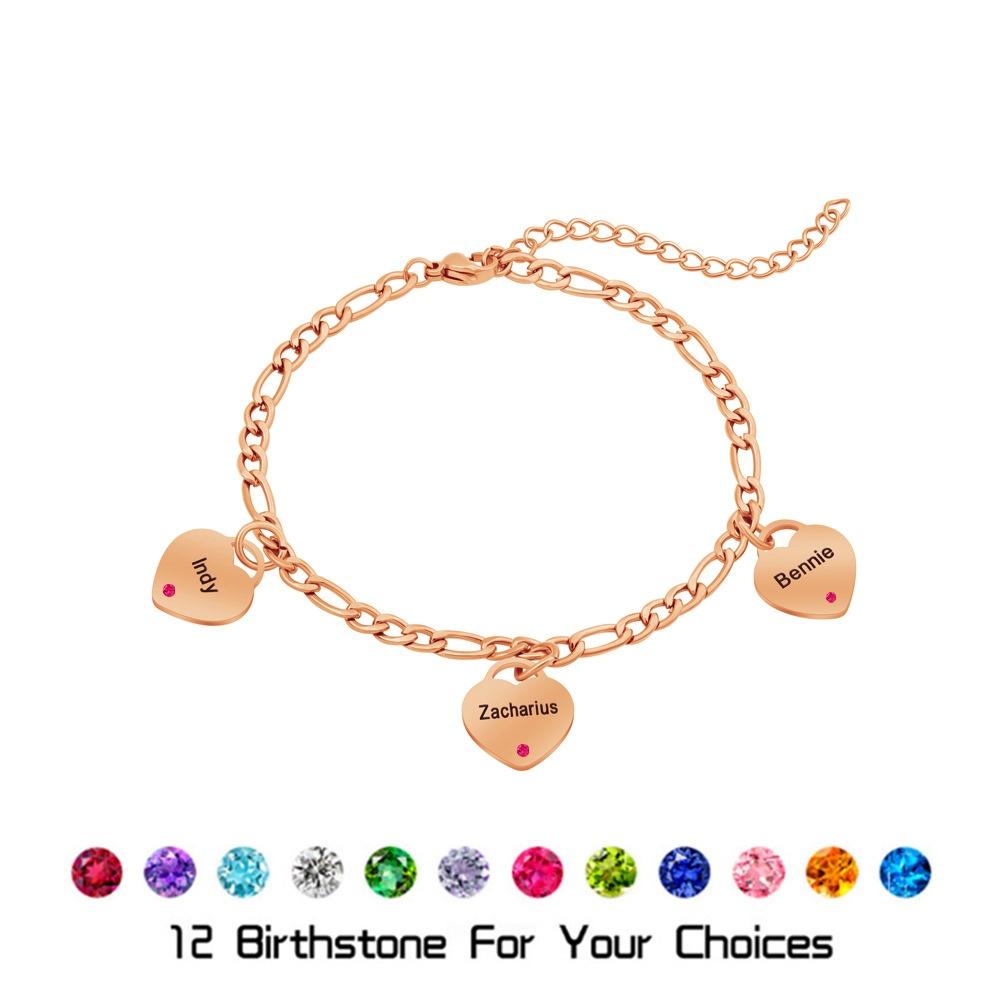 VEYENA Personalized Birthstone Heart Charm Bracelet - Rose Gold