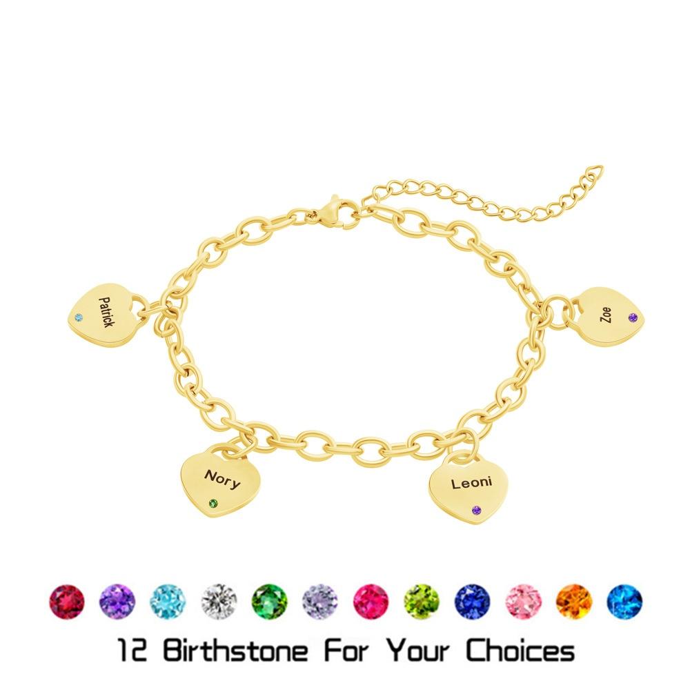 VEYENA Personalized Birthstone Heart Link Bracelet - Gold
