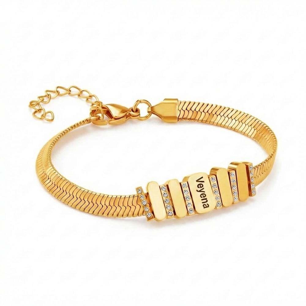 VEYENA Personalized Multi-Tag Herringbone Snake Chain Bracelet - Women, Gold