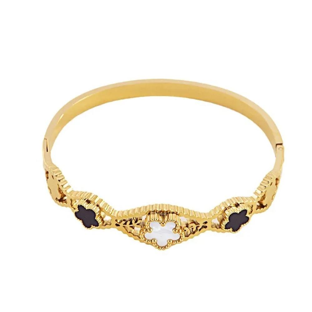 VEYENA Gold Clover Hinged Bangle Bracelet