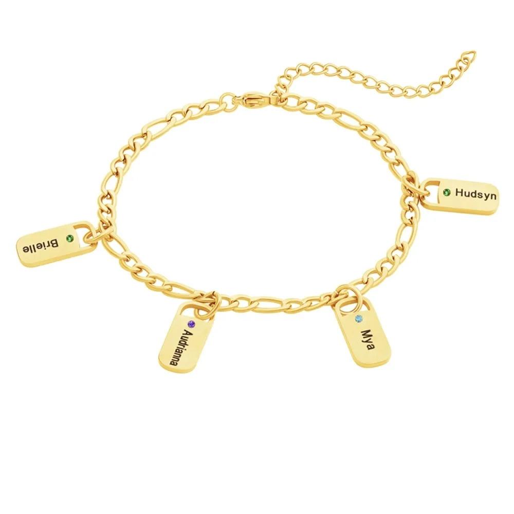 VEYENA Personalized Birthstone Tag Chain Bracelet - Gold, 18+5cm, 3 Names