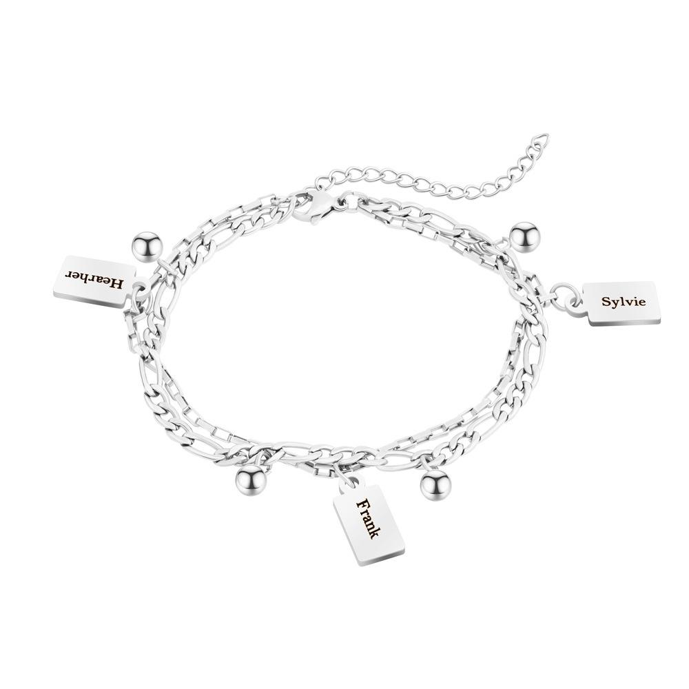 VEYENA Personalized Double Layer Tag Charm Bracelet - Silver, 18+5cm, 1 Name