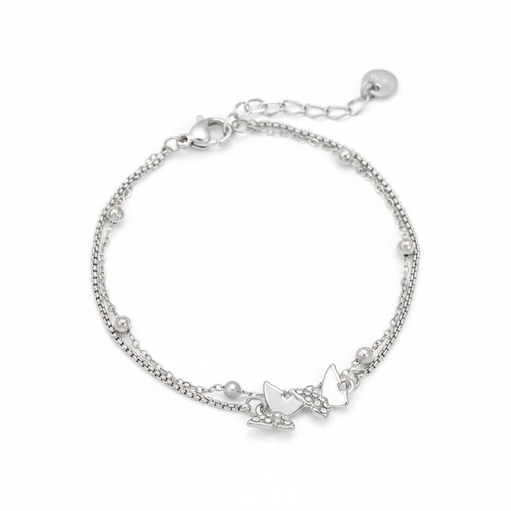 VEYENA Butterfly Charm Double Chain Bracelet - Silver