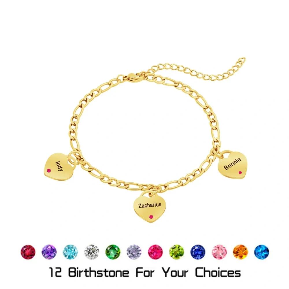 VEYENA Personalized Birthstone Heart Charm Bracelet - #D4AF37