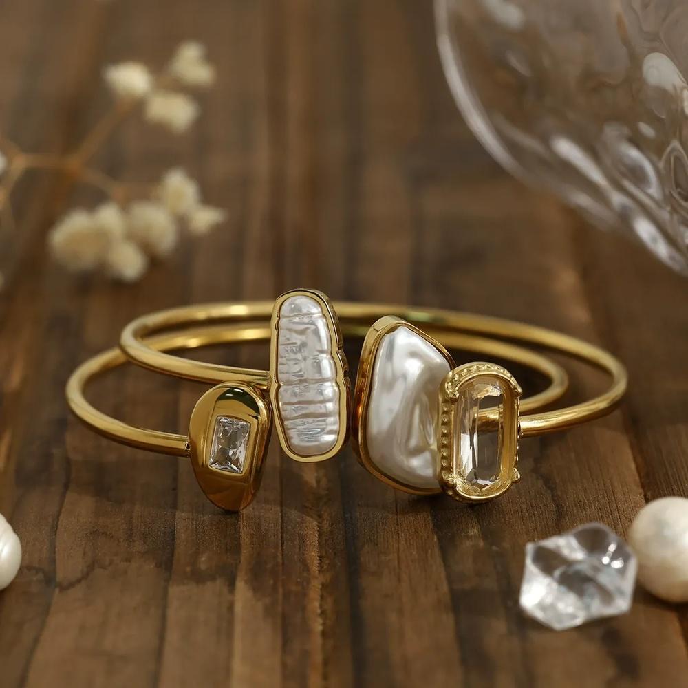 VEYENA Irregular Pearl Open Bangle - Image 3