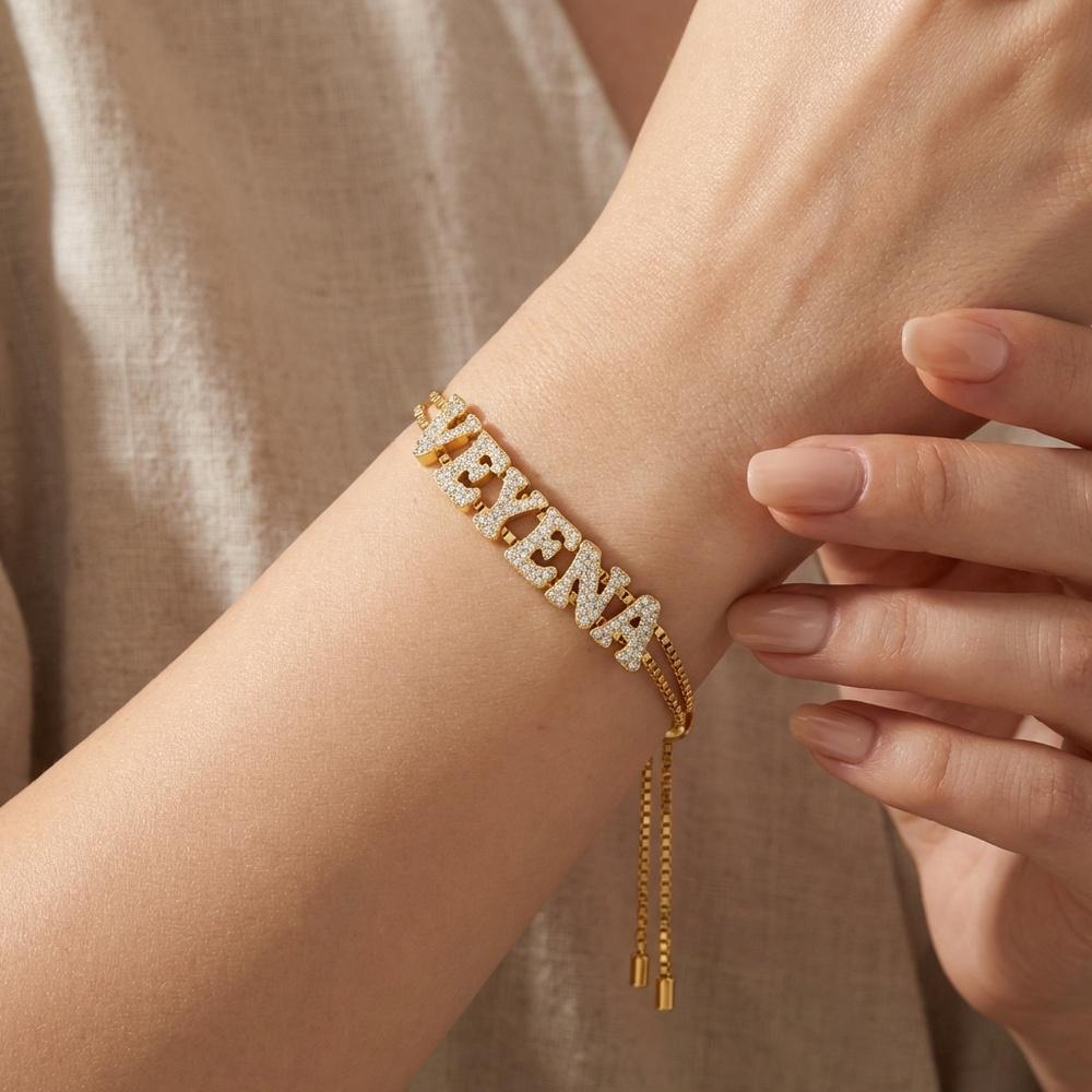 VEYENA Sparkling Custom Letter Double Chain Bracelet in Gold or Silver - Image 2