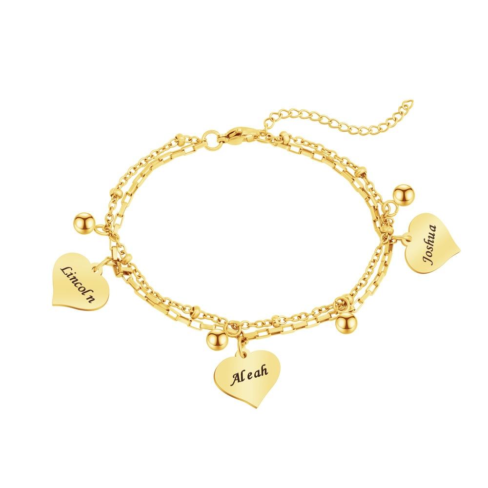 VEYENA Personalized Double Layer Heart Charm Bracelet - #D4AF37