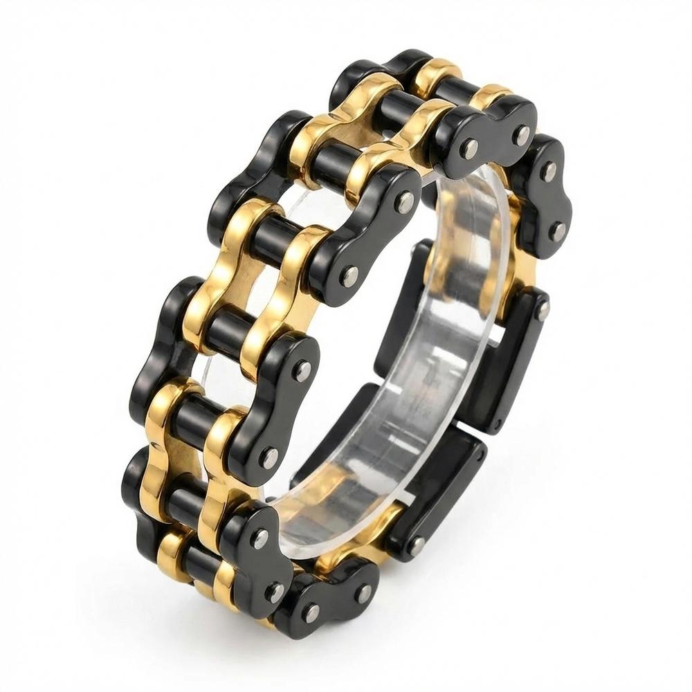 VEYENA Vintage Biker Chain Bracelet - Black & Gold, 22CM